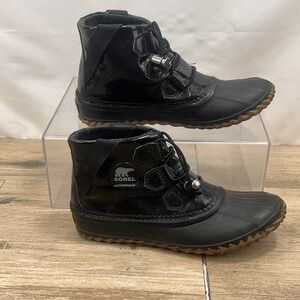 Sorel Out N About Ankle Rain Boots Womens Size 8 Black Patent Rubber